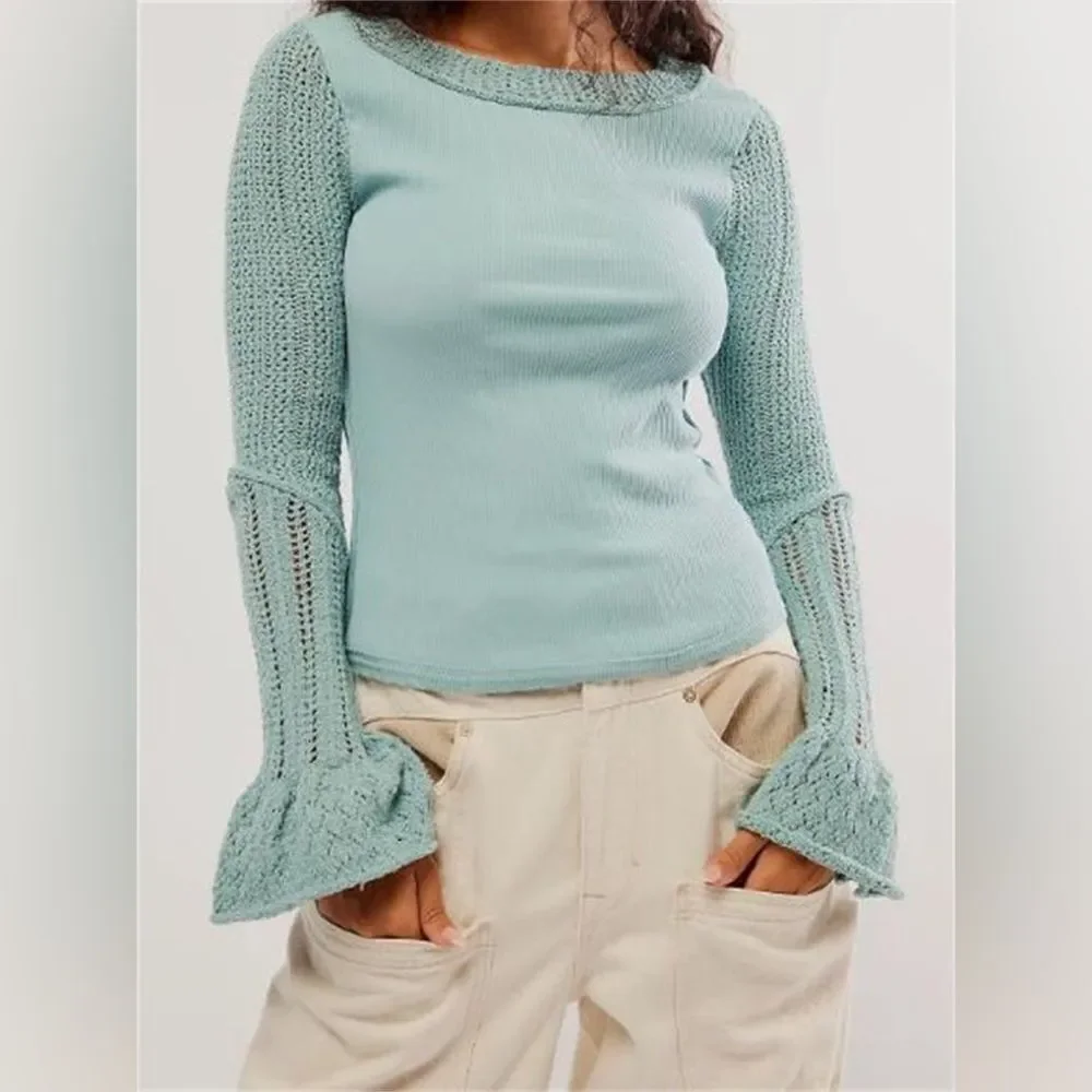 Free people | bohemian Blue Knit long Sleeve ribbed Top | size small